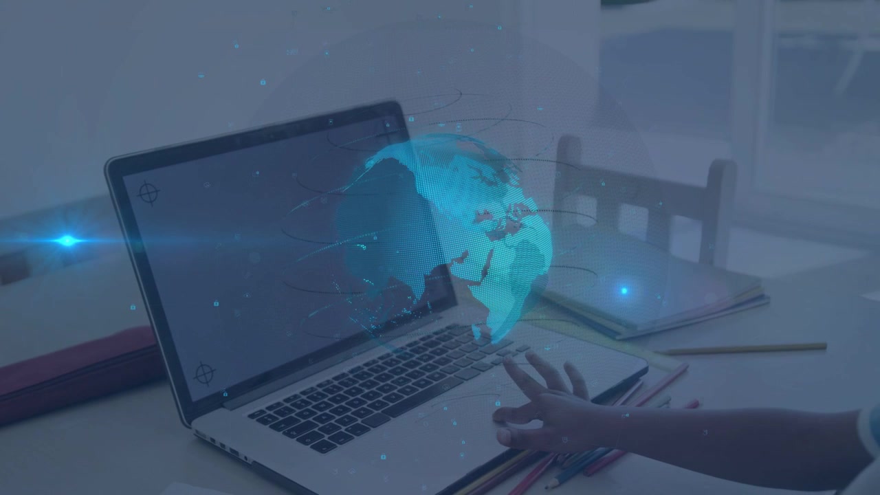 Boy hovering hand over laptop and activating holographic globe, aiding education with rotating map