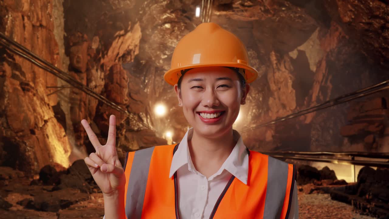 Close Up Of Asian Female Engineer With Safety Helmet Smiling And Showing Peace Gesture In Underground Mine Tunnel