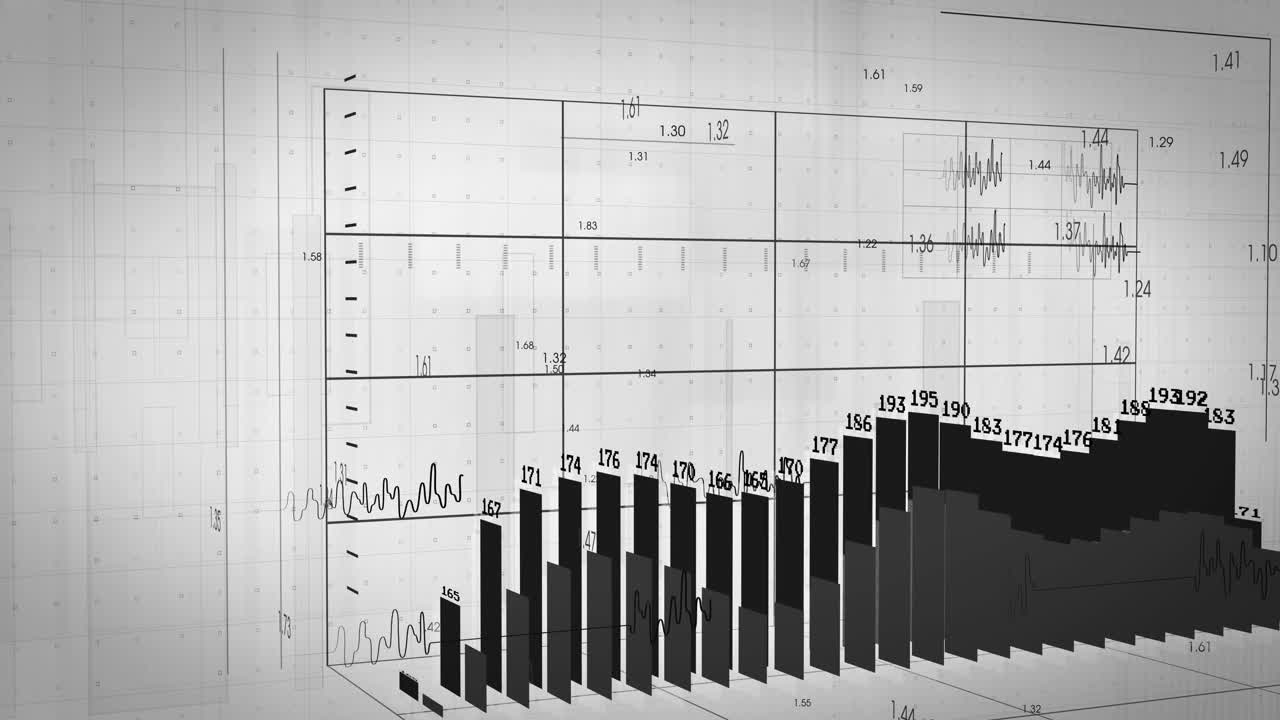 animación de diagramas con números y procesamiento de datos sobre fondo blanco