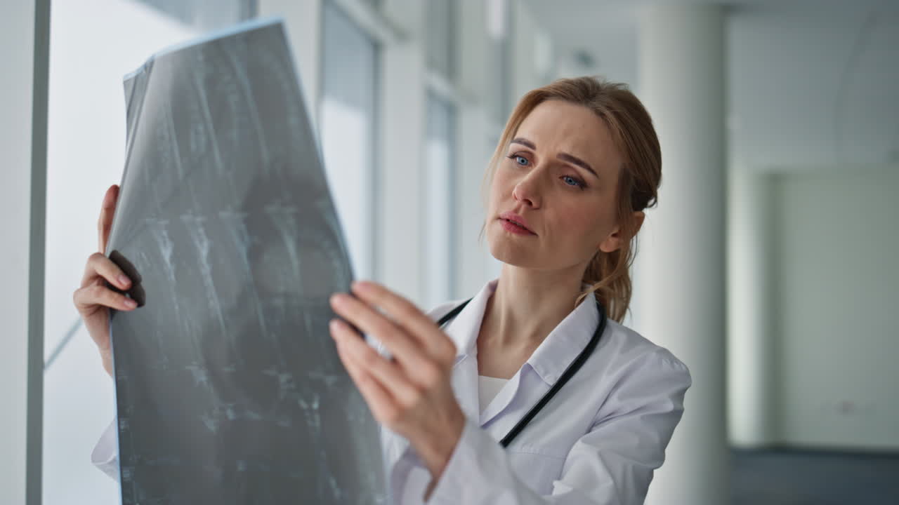 Closeup radiologist looking x-ray in clinic. Thoughtful woman examining scan