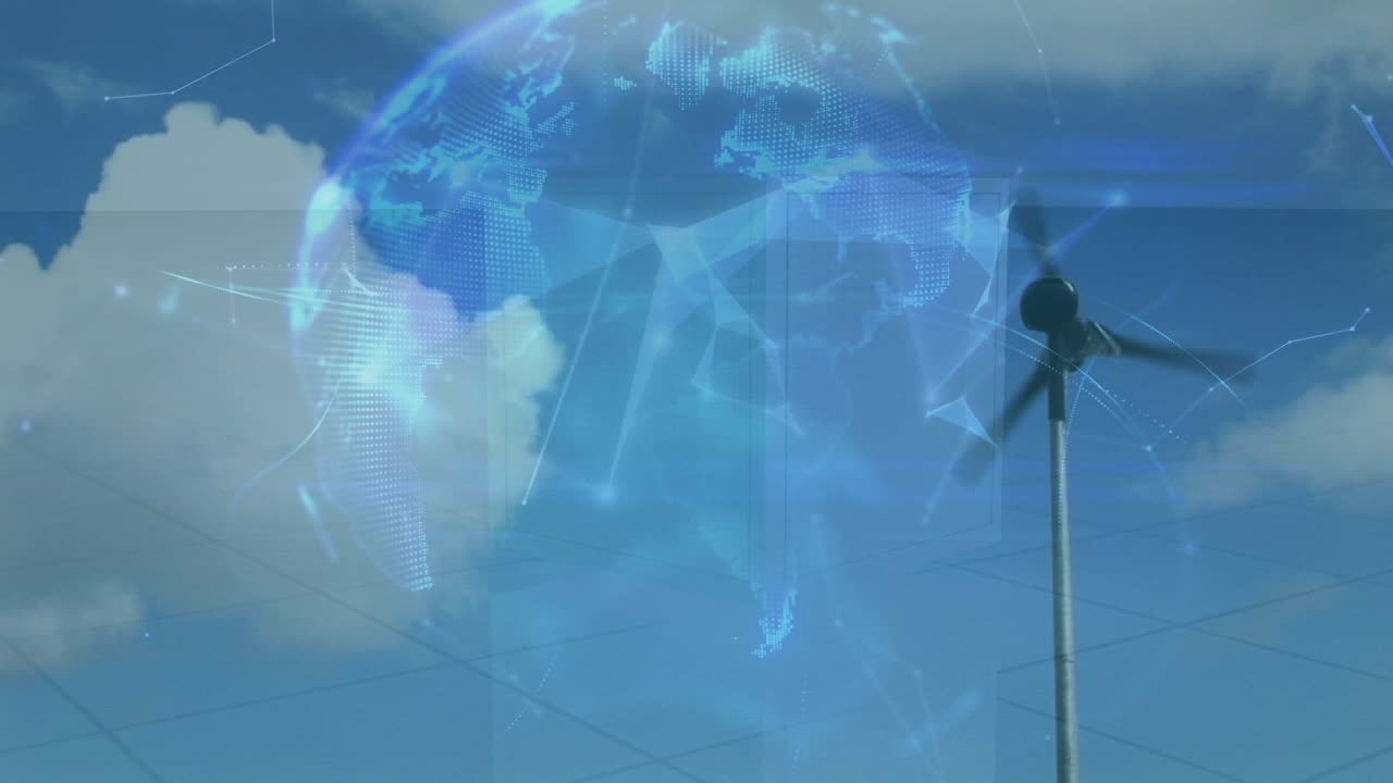 연결 네트워크와 풍력 터빈 위의 지구의 애니메이션