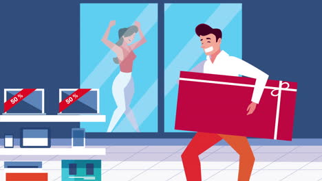 una pareja feliz comprando electrónica a la venta.
