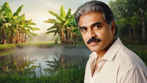 confident mature farmer with mustache standing near banana trees and misty pond at sunrise in tropical countryside enjoying beautiful landscape