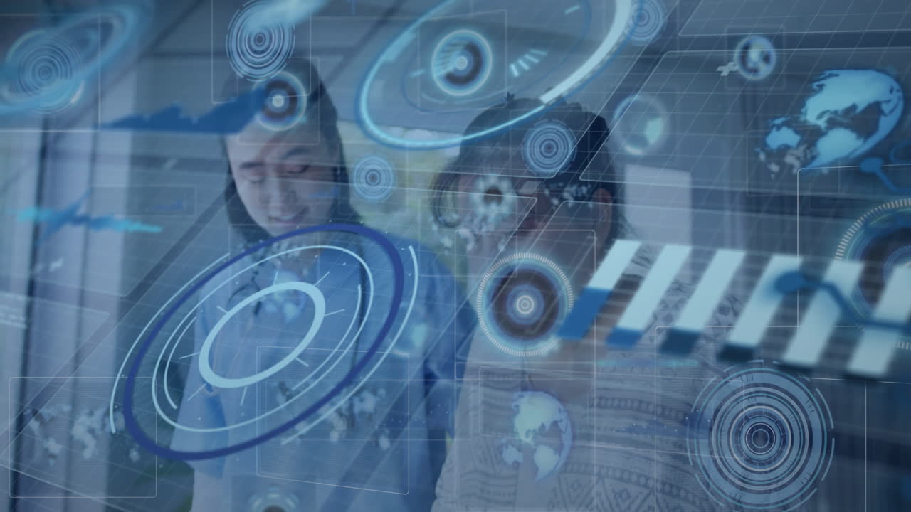 Doctor and patient reviewing holographic interface in medical office, displaying circular charts