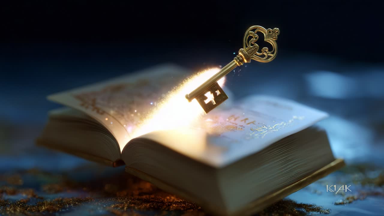 An Enchanted Key Emerges from an Open Book, Surrounded by Sparkling Particles Reflecting a Mystical Realm, Suggesting Knowledge, Secrets, and Adventure Await Within the Pages of the Tome
