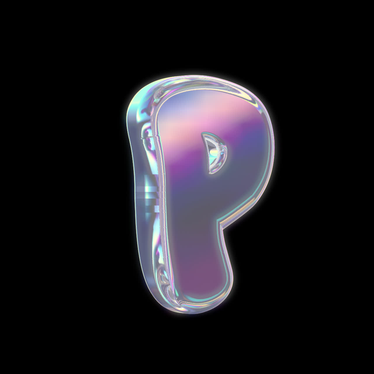 Lettera P 3D iridescente rotante su sfondo nero