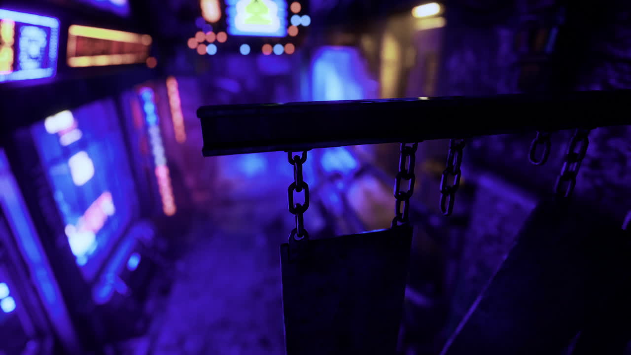 Neon lights illuminate a bustling alleyway in a vibrant urban setting