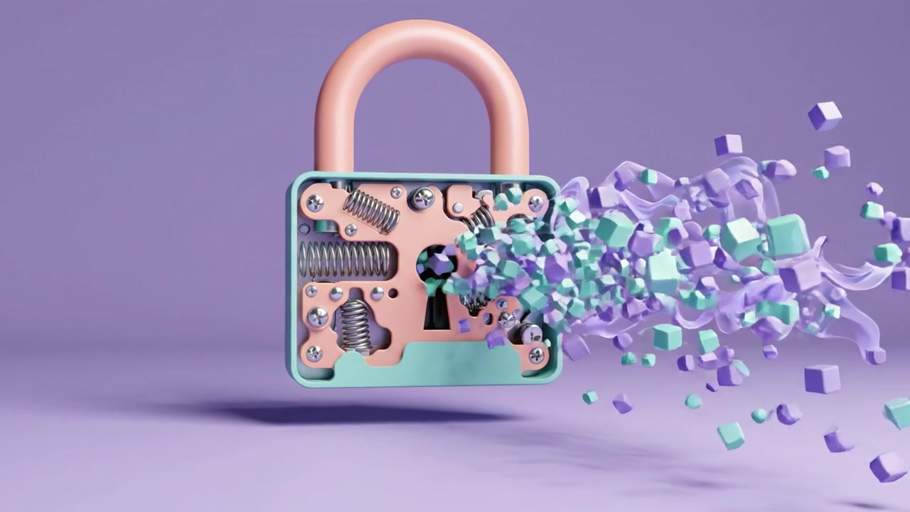 A colorful illustration of a padlock, showcasing intricate mechanisms within it, as parts dynamically explode, representing security, creativity, and technology in action.