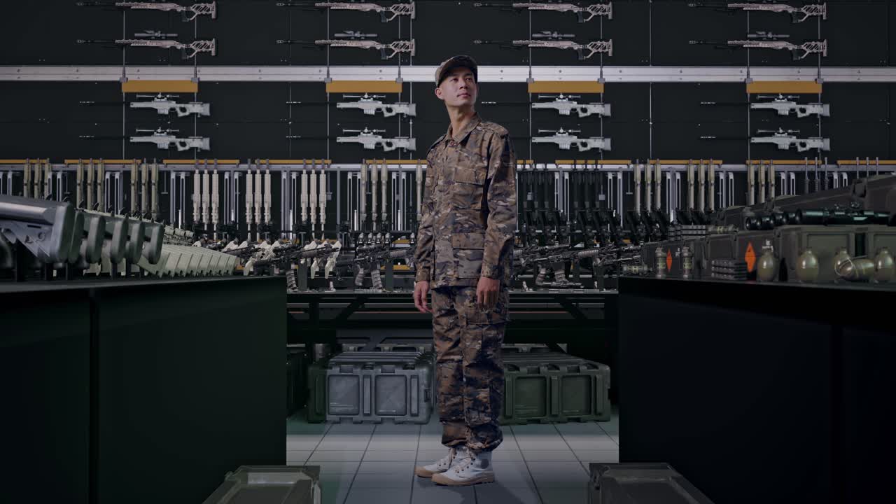 uomo asiatico soldato a figura intera, di lato, che si guarda intorno in un arsenale militare