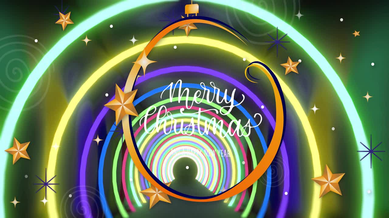 Camera pushing forward, neon rings cycling and orange ribbon rotating, revealing Merry Christmas