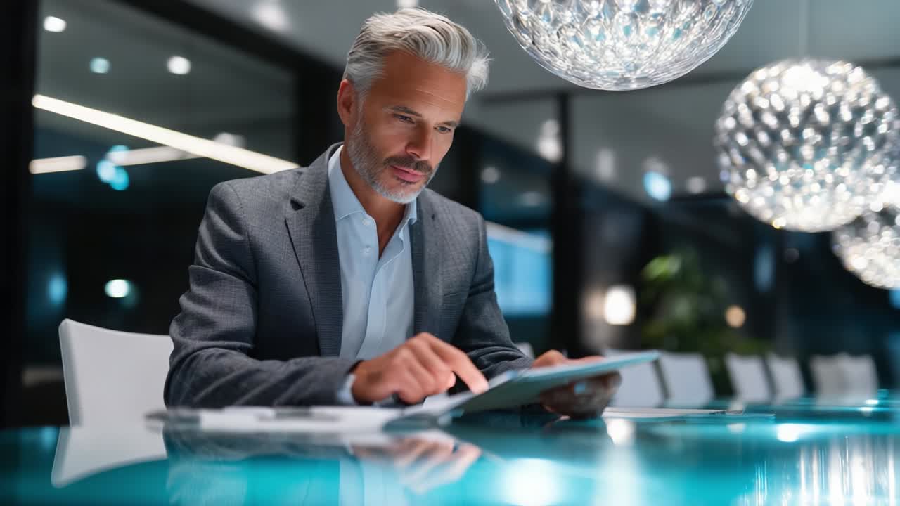 A professional man with gray hair engaged in focused work, analyzing information on a tablet while seated at a modern glass table under elegant pendant lighting in a sophisticated office environment