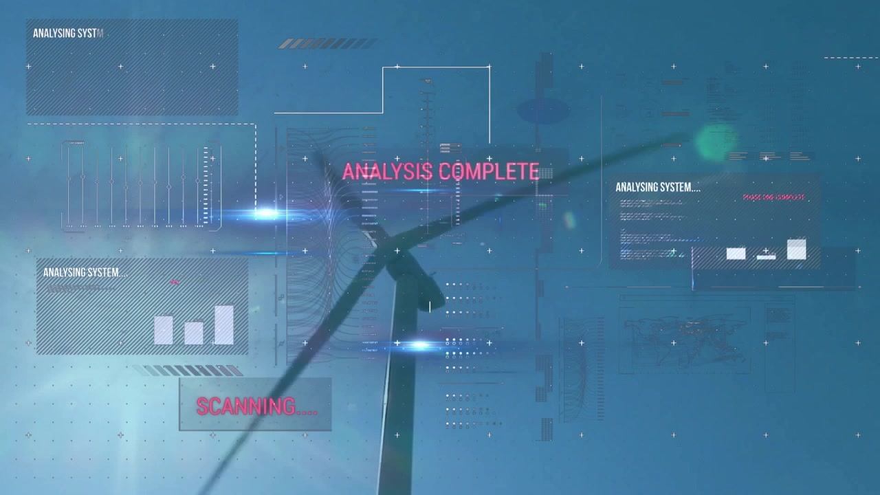 Overlay emerging around wind turbine, scanning data, analysis completing and functioning appearing