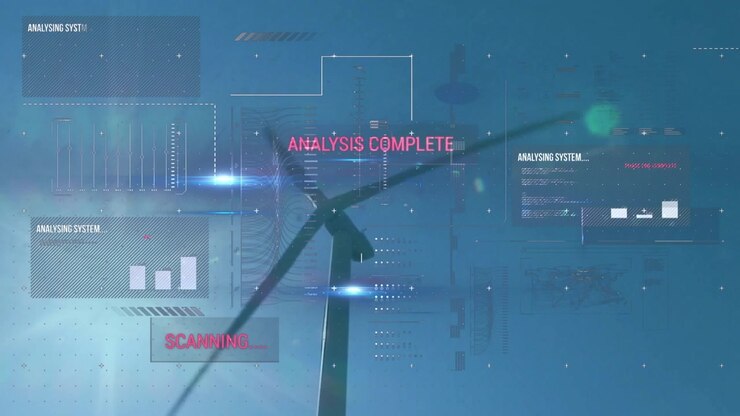 Overlay emerging around wind turbine, scanning data, analysis completing and functioning appearing
