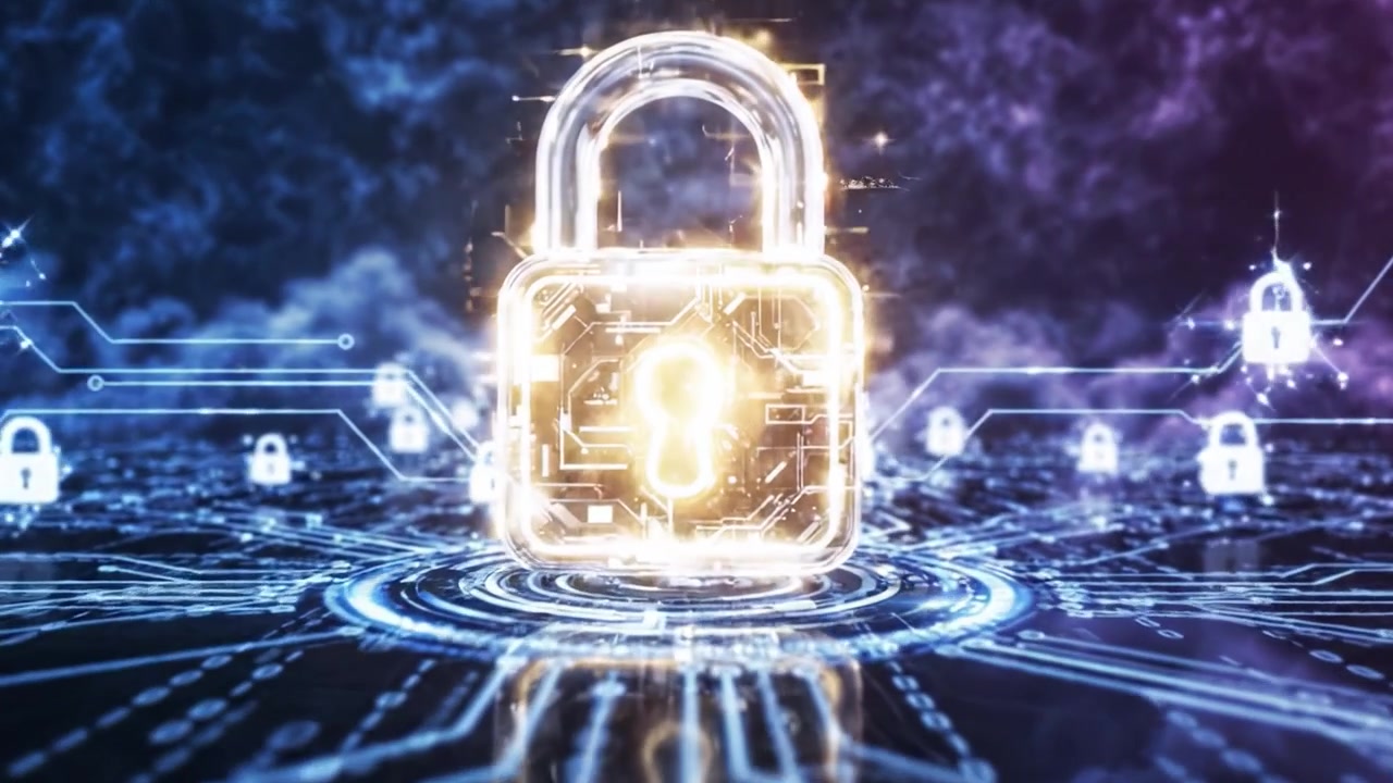 A Futuristic Digital Lock Symbolizing Security in a Cloudy Virtual Environment Highlighting Data Protection and Cybersecurity Innovations