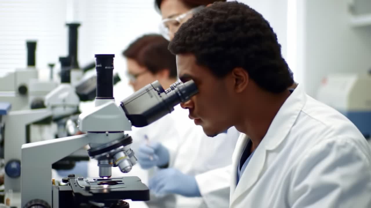 Focused Researchers Conducting Microscope Analysis in a Modern Laboratory Setting, Engaged in Scientific Investigation and Exploration of Microscopic Samples for Biomedical Research