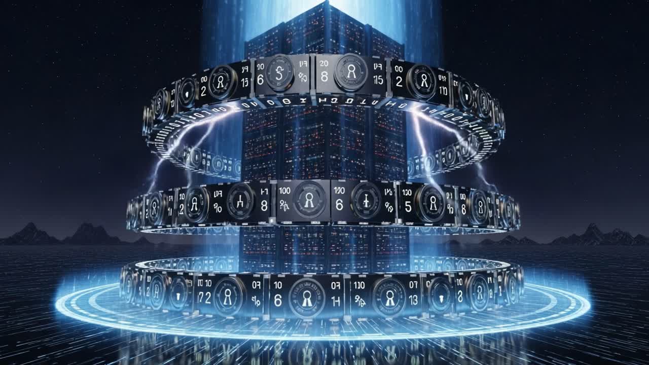 Dynamic Visuals of Circular Data Structures with Electric Energy Pulsating Through a Futuristic Landscape Representing Advanced Technology and Information Flow
