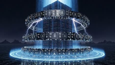 dynamic visuals of circular data structures with electric energy pulsating through a futuristic landscape representing advanced technology and information flow