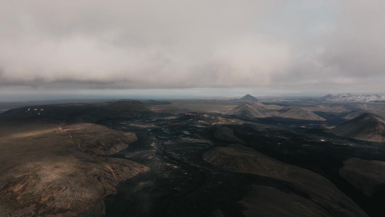 Wide Aerial of Volcanic Highland Plateau Under Overcast Skies Iceland
