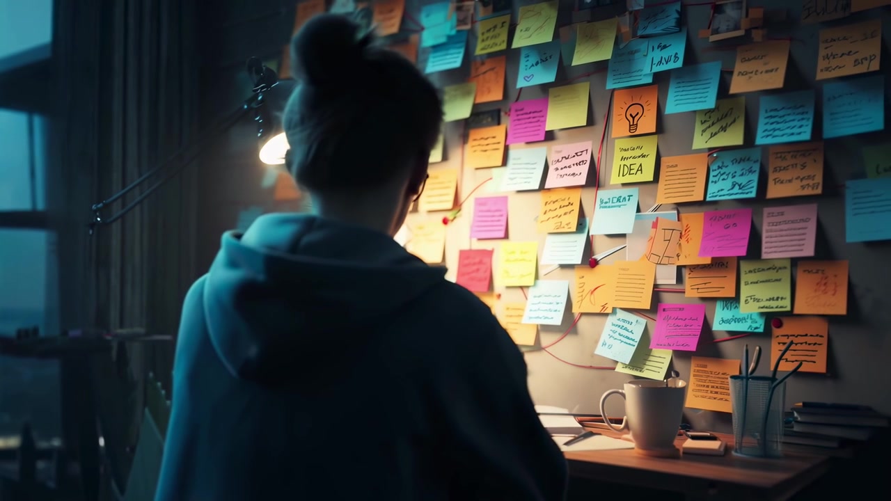 Person Brainstorming Ideas on a Wall Covered with Colorful Sticky Notes