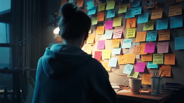 Person Brainstorming Ideas on a Wall Covered with Colorful Sticky Notes