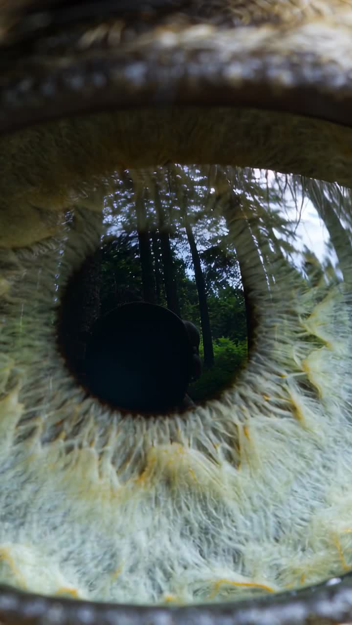 Kamera bergerak mendekat, operator menyesuaikan sudut di tepi hutan, memantulkan pepohonan di pupil mata untuk iris