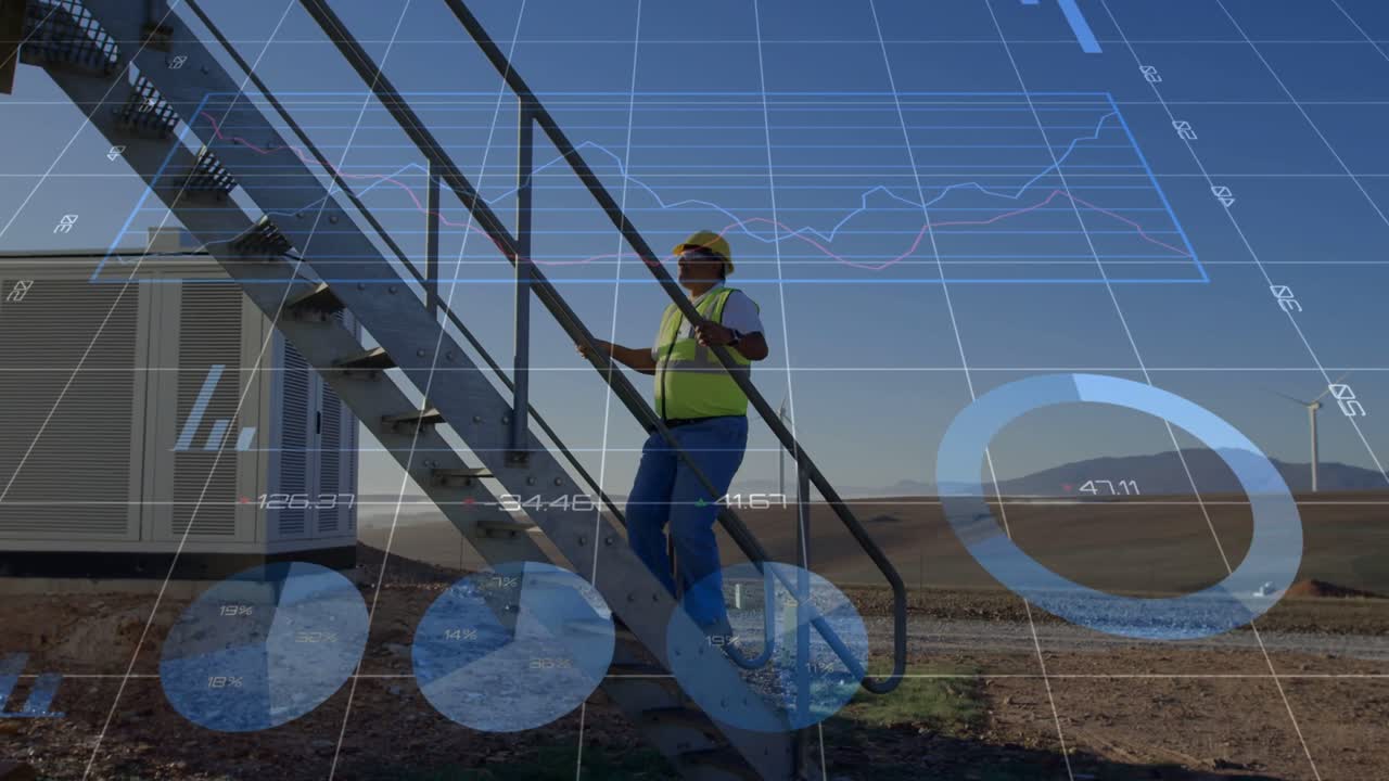 Field technician gripping rail, climbing staircase, inspecting wind site, HUD showing charts