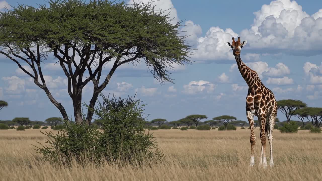 Foto grandangolare di una giraffa in piedi in una savana con acacie e nuvole, che cattura un'atmosfera serena