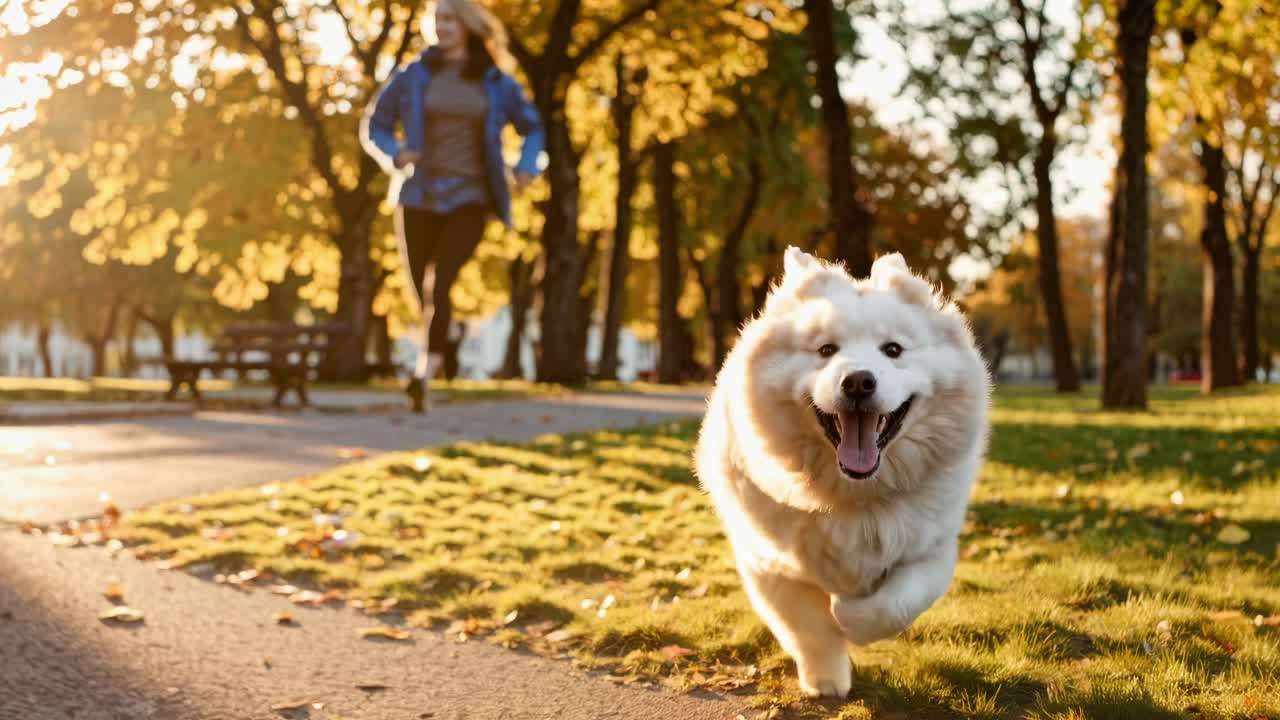 Low-angle video shot of a fluffy dog joyfully running on a sunlit path in a park, with a jogger