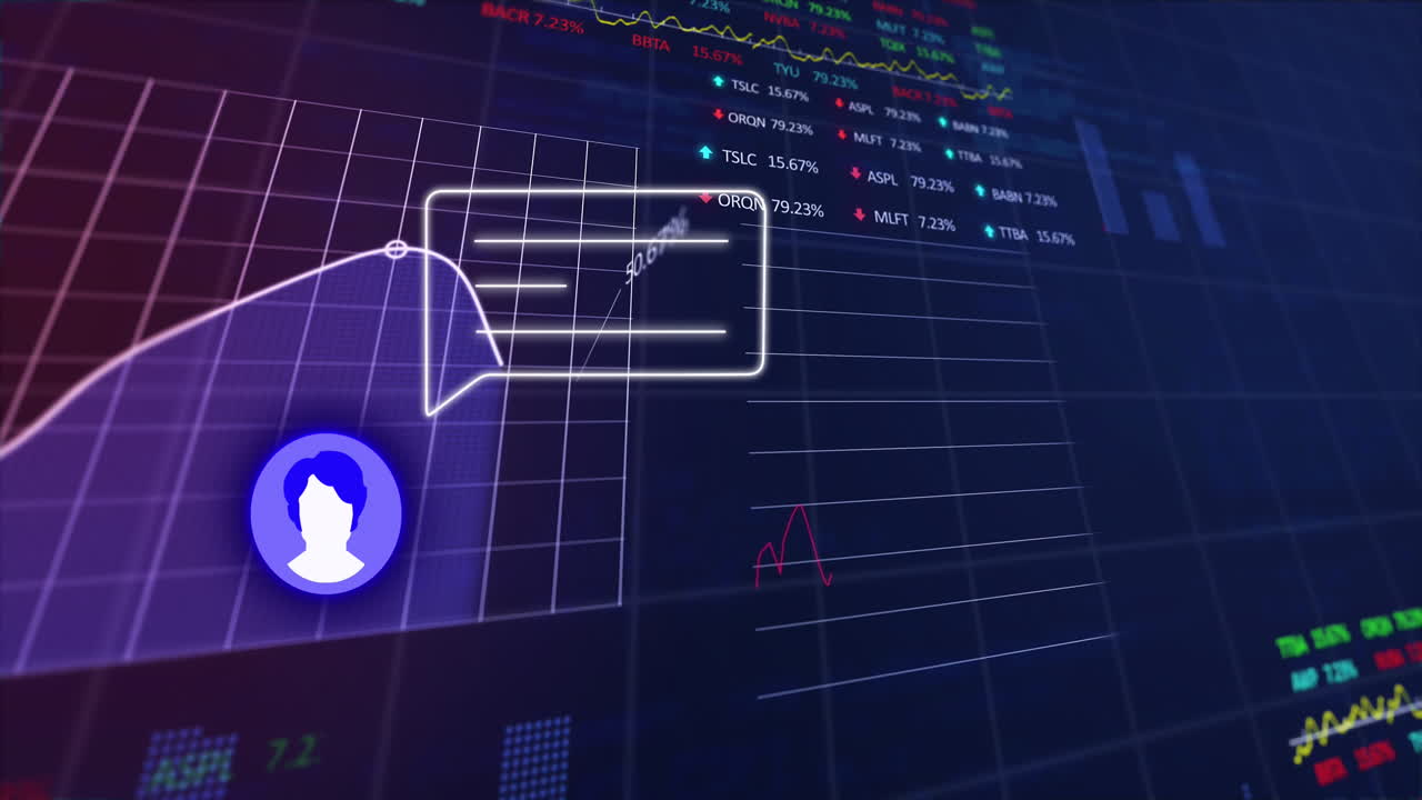 Animation of icons and message box with multiple graphs and trading boards over black background