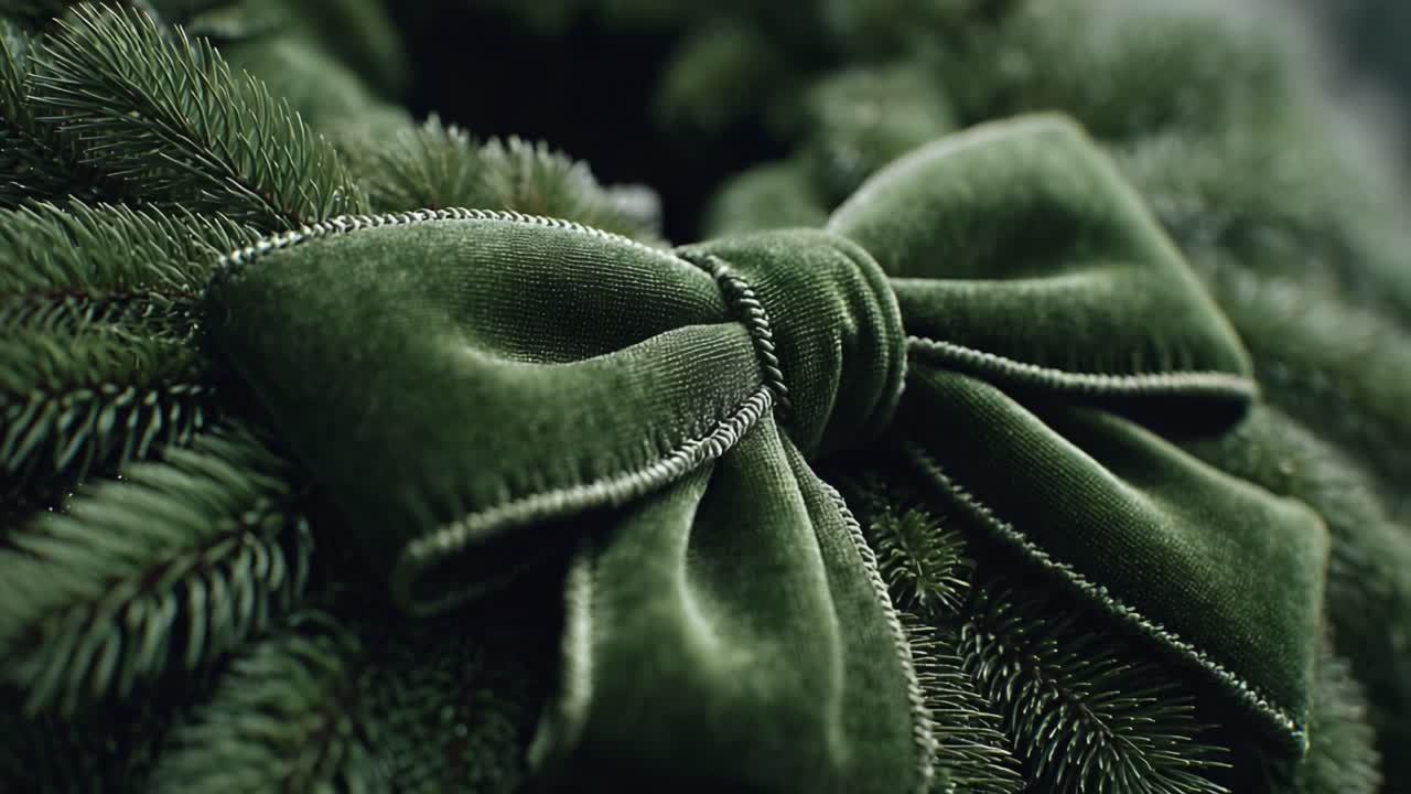 A Close-Up of a Luxurious Green Velvet Bow on an Evergreen Wreath, Perfect for Holiday Decor and Festive Celebrations, Symbolizing Christmas Spirit and Season's Greetings