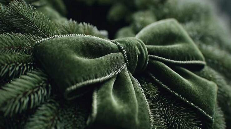 A Close-Up of a Luxurious Green Velvet Bow on an Evergreen Wreath, Perfect for Holiday Decor and Festive Celebrations, Symbolizing Christmas Spirit and Season's Greetings