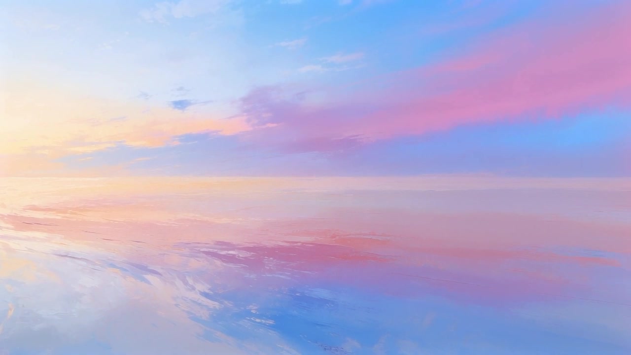 Faixa de nuvens rosadas à deriva, movendo-se para a direita enquanto a luz do nascer do sol aquece o horizonte esquerdo, com o brilho refletindo no mar.