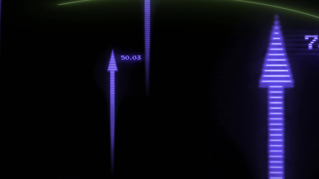 보라색 화살표와 숫자 데이터 애니메이션이 어두운 배경에 있습니다.