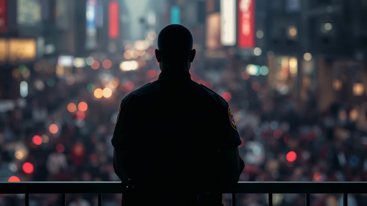 Standing uniformed officer monitoring street on balcony railing, prompted by crowd below with patch