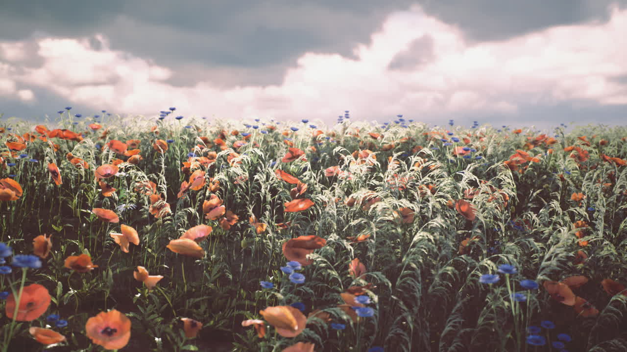 Farverig mark med valmuer og vilde blomster under en skyet forårshimmel