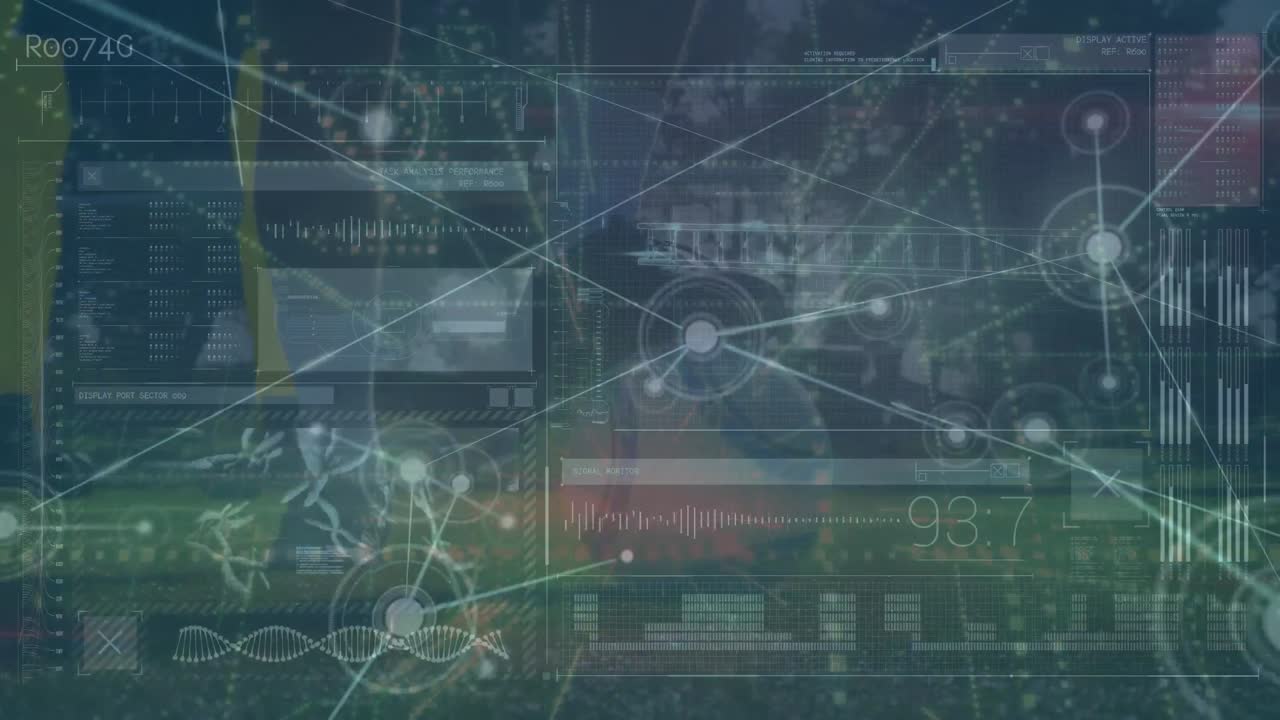 남성 축구 선수 의 다리 위 에 있는 연결 네트워크 와 디지털 스크린 의 애니메이션