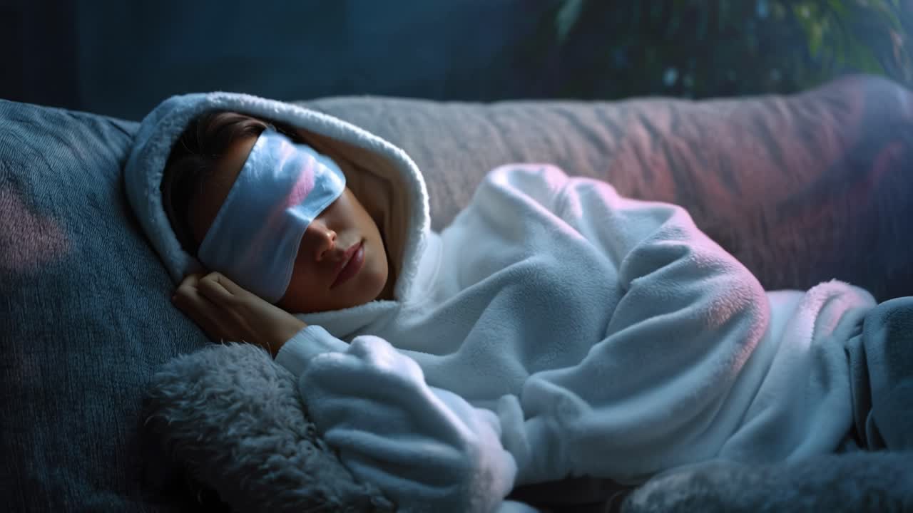 柔らかな光が、心地よく眠る姿を包み込む。優しいアイマスクの下で、夢見るような目が閉じられている。フード付きの快適さが暖かく包み込む。静かで薄暗い部屋での安らかな休息。安眠やウェルネスに最適です。