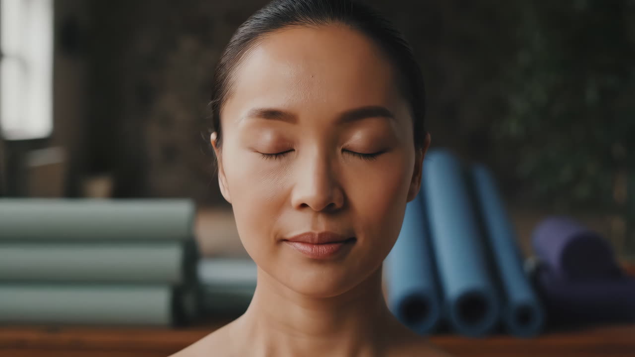 Primo piano di una donna che medita a occhi chiusi in uno studio di yoga