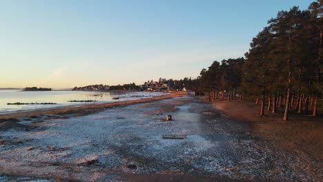 imágenes de drones de una playa con pinos y dunas cubiertas de hielo al amanecer