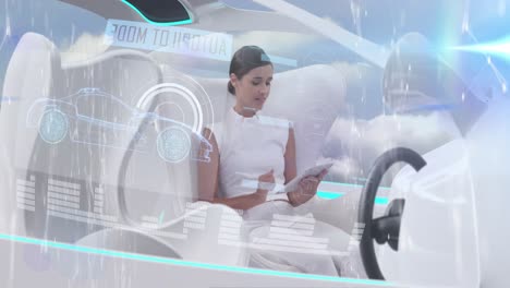 Animation-of-data-processing-over-woman-using-tablet-in-self-drive-car