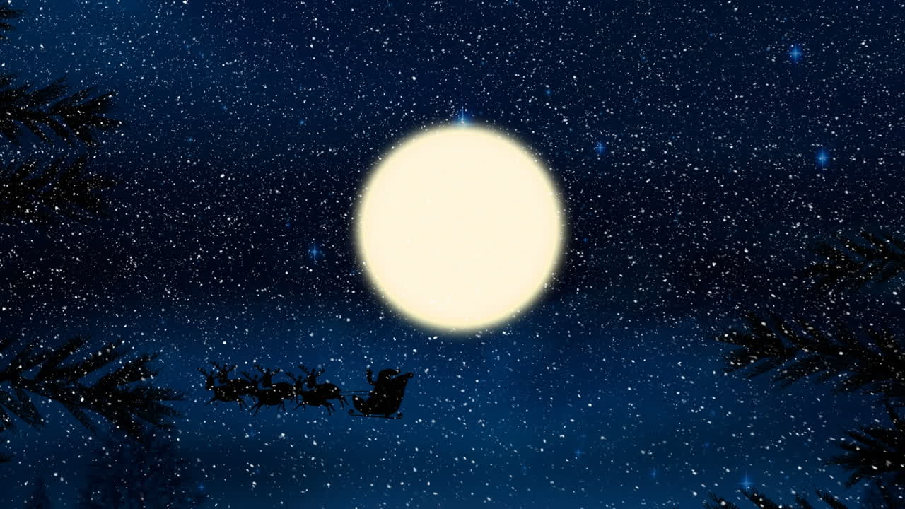 animación de nieve cayendo sobre santa claus en trineo con renos y luna
