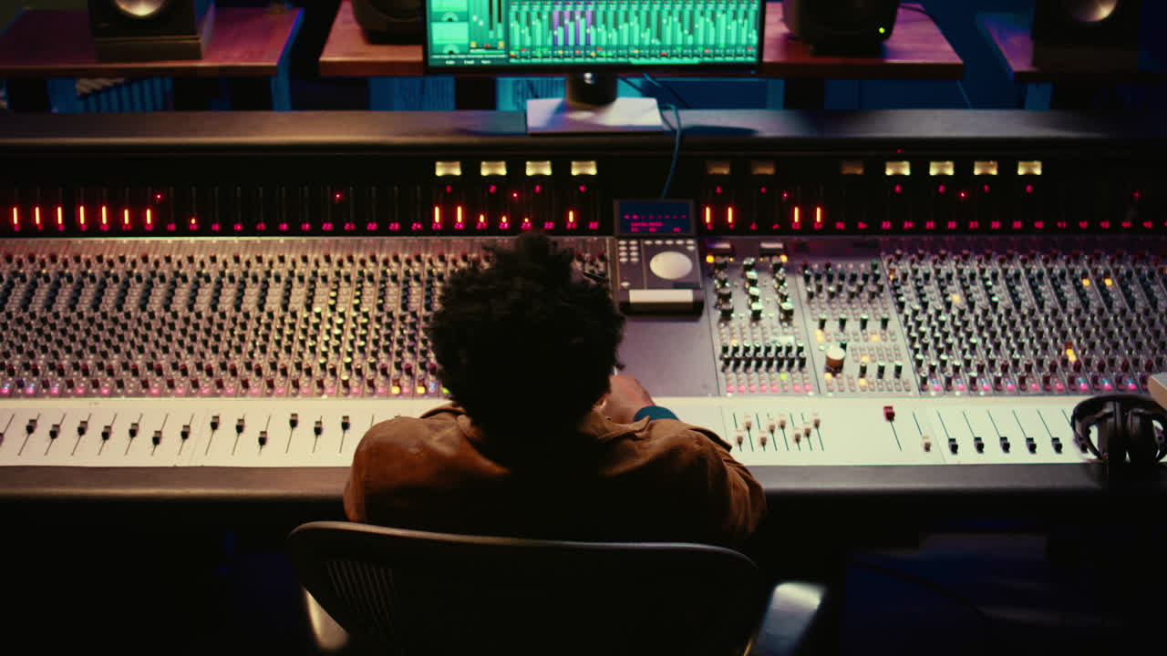 아프리카계 미국인 음악 프로듀서가 프로 스튜디오에서 새로운 곡을 완성하고 있습니다.