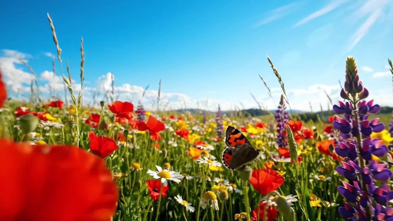 Un vivace tappeto di fiori selvatici sotto un cielo azzurro e limpido, che mostra la bellezza della natura in piena fioritura con paesaggi baciati dal sole.
