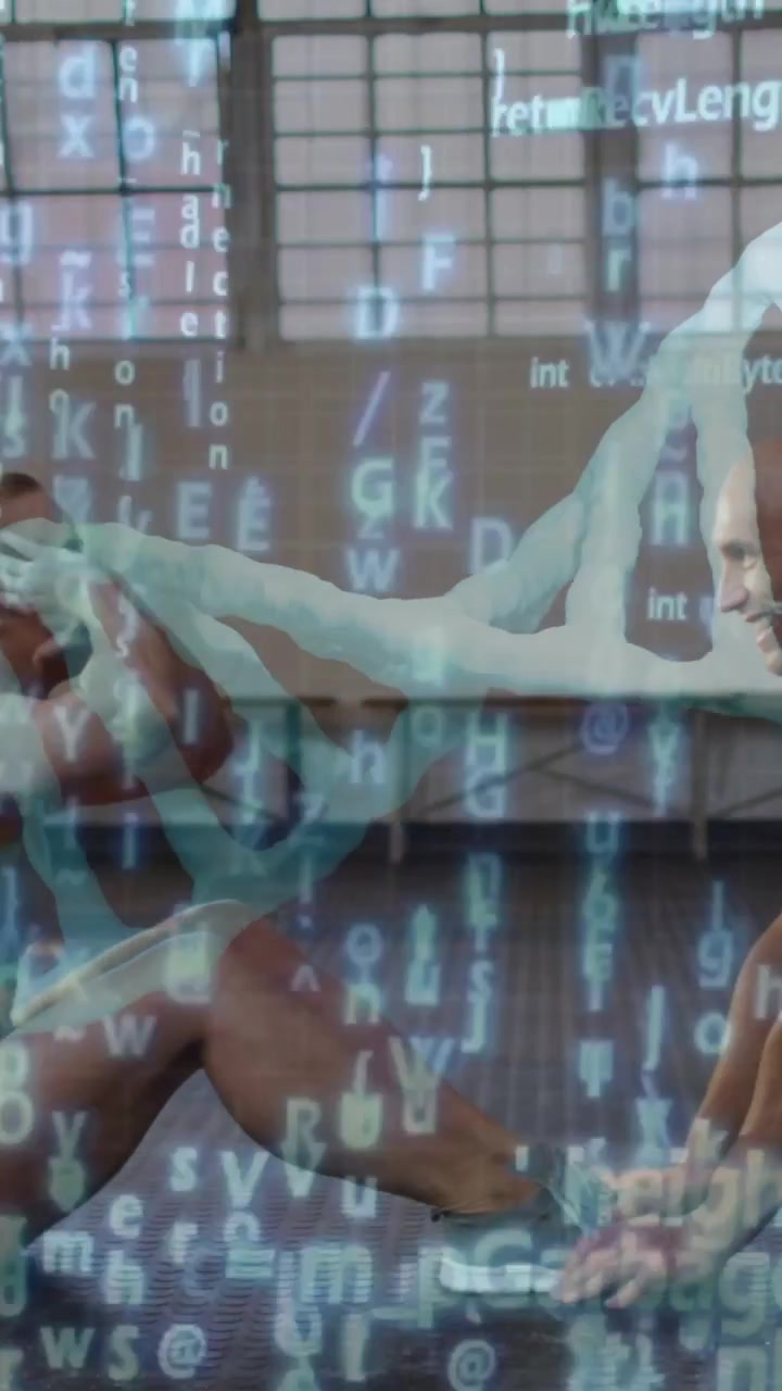Vertical video: Woman starting crunches as man holding feet DNA helix and code overlaying torso