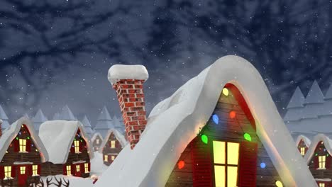 Schnee-Fällt-über-Mehrere-Häuser-In-Der-Winterlandschaft-Vor-Dem-Nachthimmel