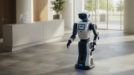 an engaging interaction with a modern robot in a sleek, minimalist lobby environment, showcasing advanced technology and service capabilities