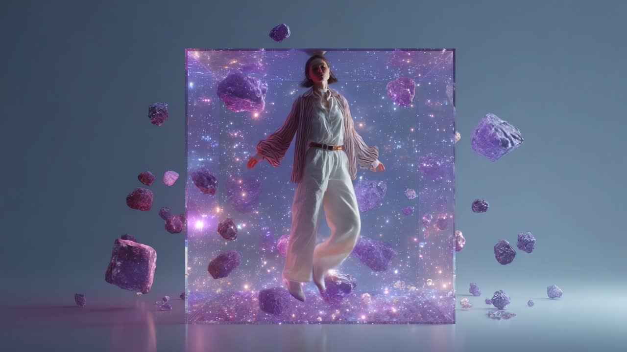 A Dreamlike Journey Through an Ethereal Dimension Captured in Two Frames, Showcasing a Figure Enveloped in a Vivid Cosmic Space Surrounded by Floating Crystals and Stars