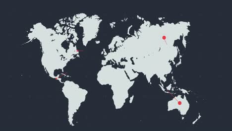 mapa del mundo gris pálido con red móvil de puntos conectados en fondo gris oscuro