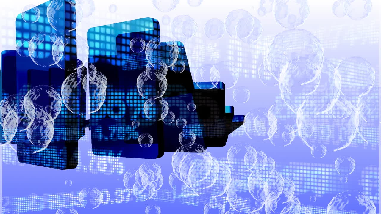 animación de burbujas sobre el dominó y el mercado de valores sobre fondo azul