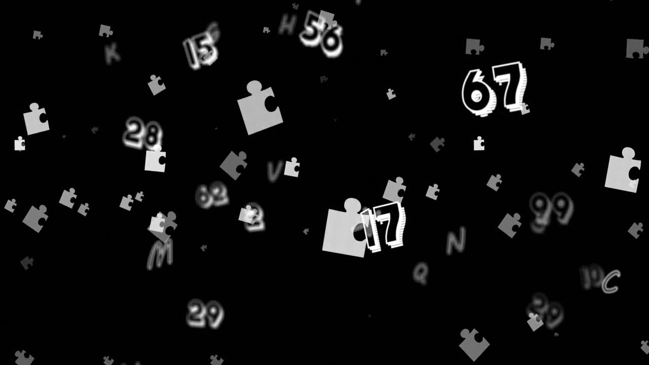 Animation of puzzles and numbers floating over black background